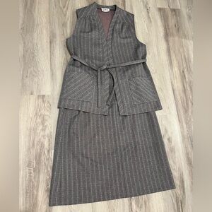 Gray Pinstripe Sleeveless Vest w/ Skirt Set Vintage Grandma Librarian
